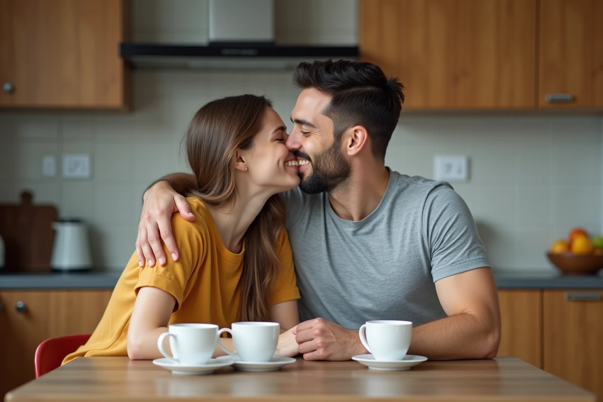 Jeune couple s’embrassant dans une cuisine chaleureuse