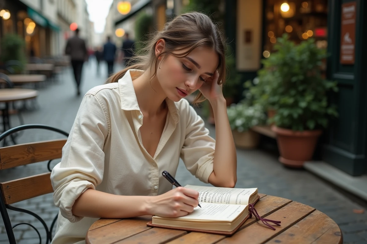 Jeune femme prenant des notes étymologiques dans un café parisien typique avec vue sur les pavés