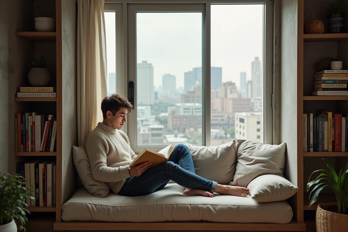 Jeune homme lisant dans un coin cosy d