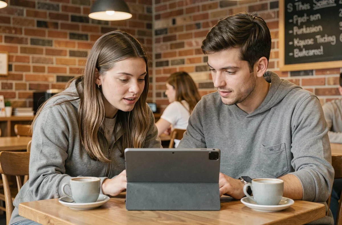 Deux jeunes adultes consultant une tablette ensemble dans un café pour apprendre l'informatique