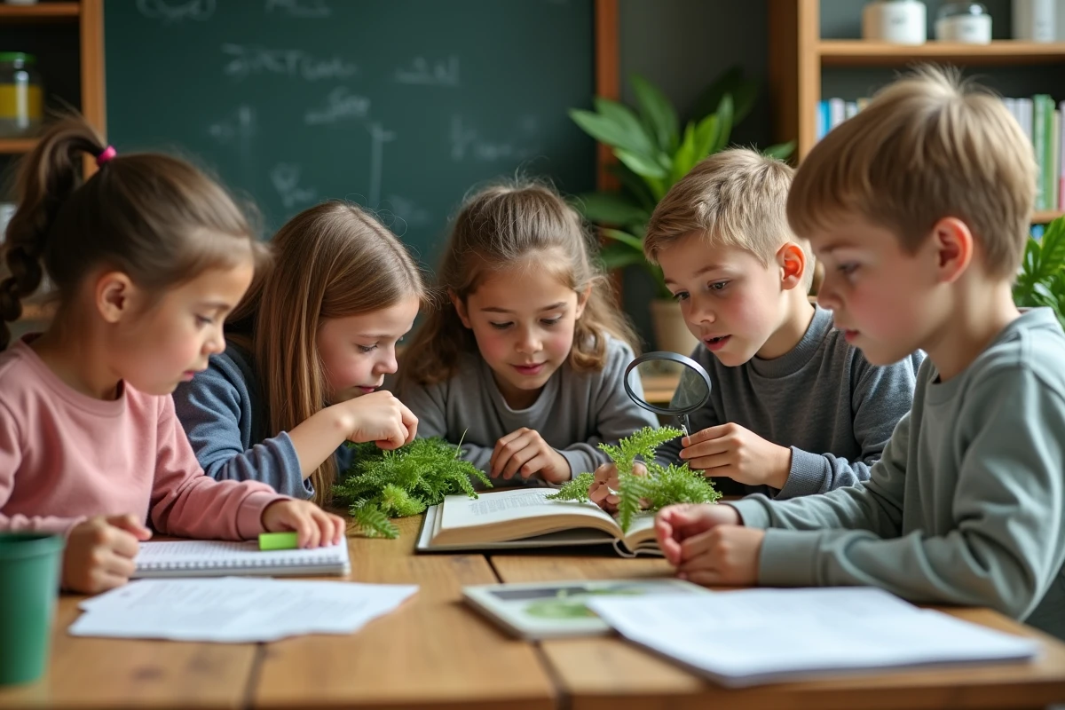 Enfants en classe examinant des plantes avec livres et loupe