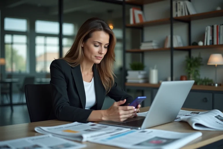 Journaliste femme analysant les dernières actualités dans une salle de rédaction moderne avec journaux et ordinateur portable