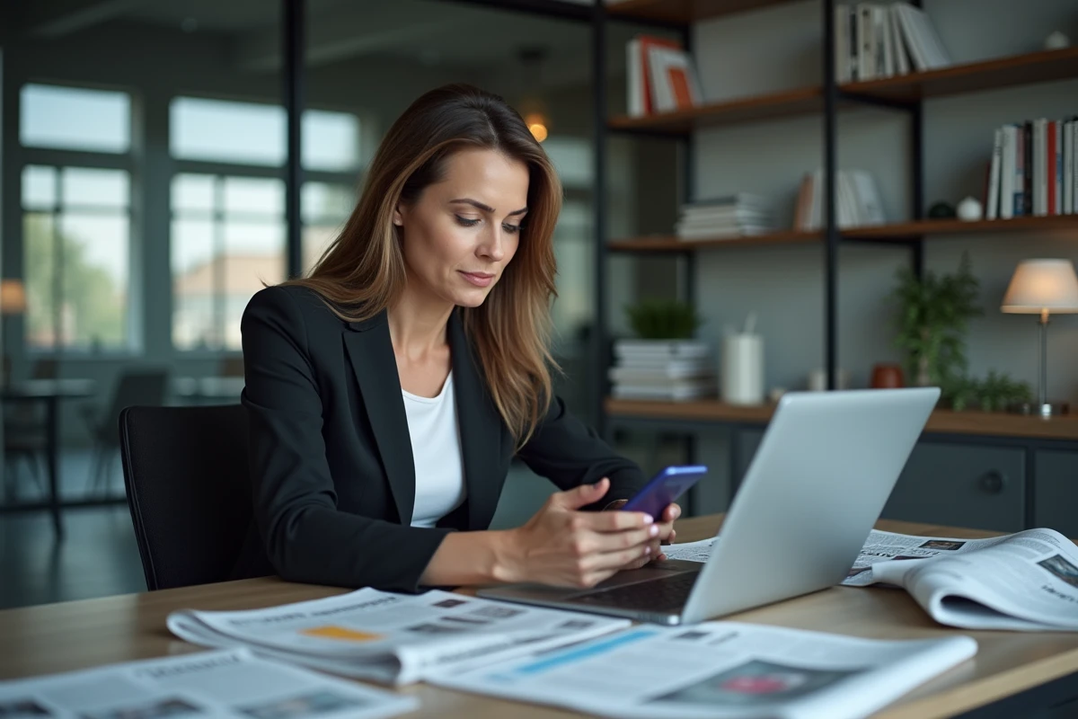 Journaliste femme analysant les dernières actualités dans une salle de rédaction moderne avec journaux et ordinateur portable