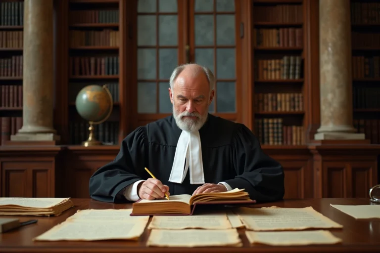 Juge senior étudiant un ancien ouvrage juridique dans une bibliothèque de palais de justice, entouré de documents historiques sur la coutume juridique