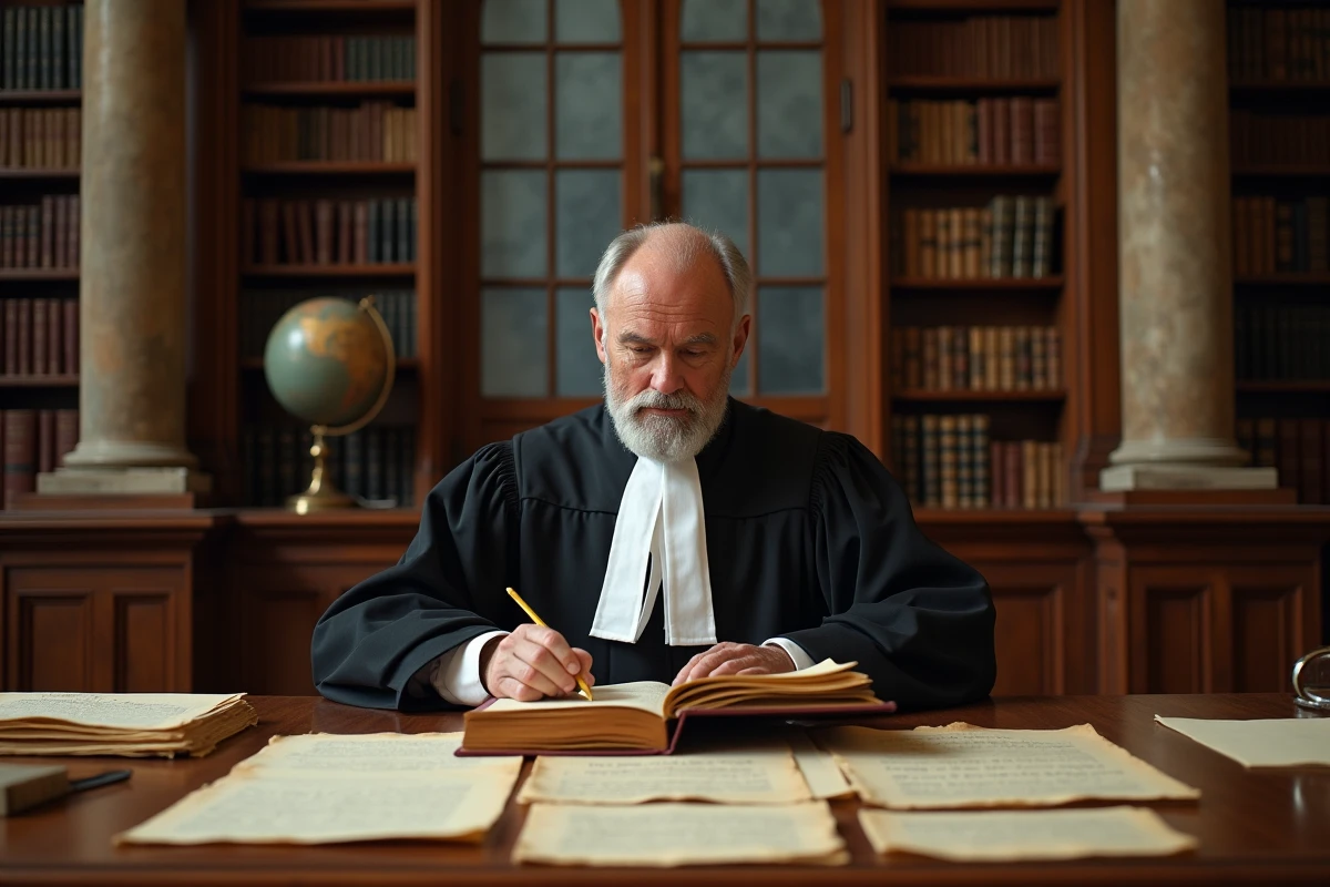 Juge senior étudiant un ancien ouvrage juridique dans une bibliothèque de palais de justice, entouré de documents historiques sur la coutume juridique