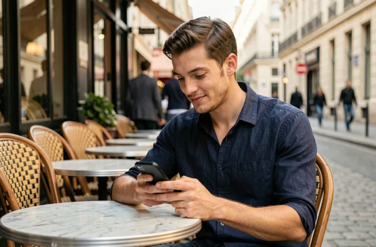 Jeune homme à la terrasse d'un café parisien consultant son téléphone, ambiance décontractée et urbaine