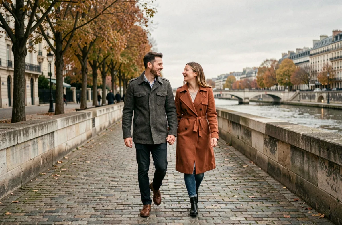 Couple de jeunes adultes marchant et riant sur les quais pavés d'une ville française en automne