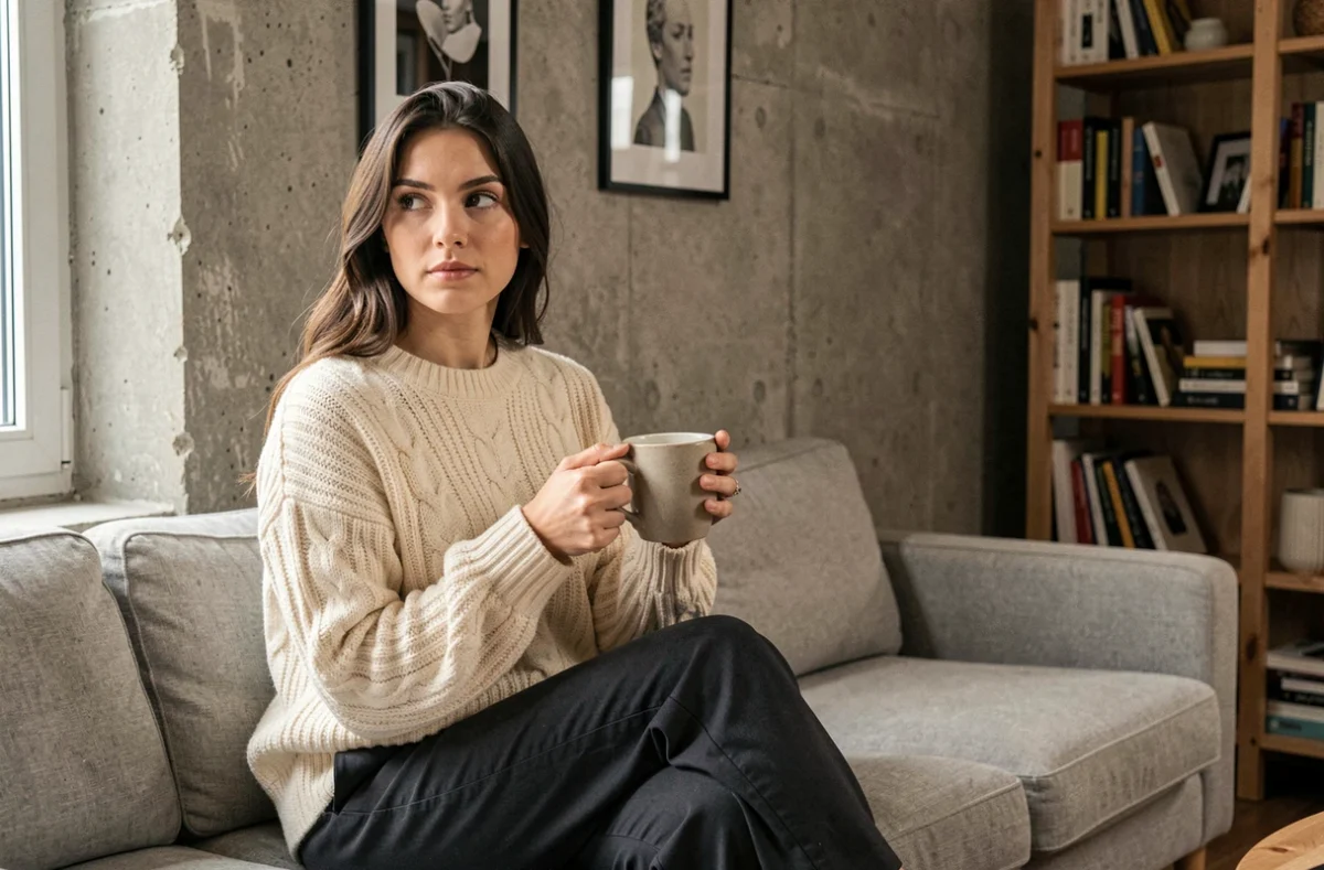 Jeune femme pensive dans un appartement contemporain tenant une tasse de café, ambiance éditoriale intimiste