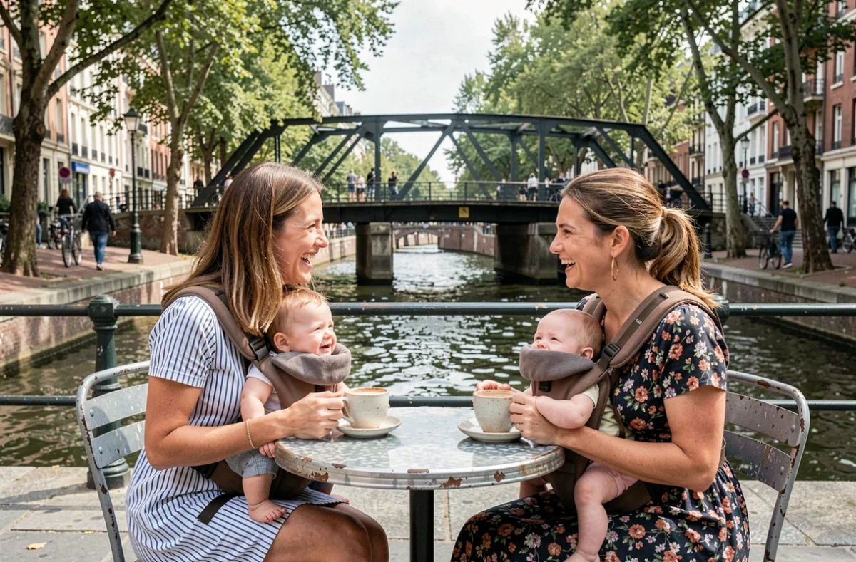 Deux mamans parisienne discutant en terrasse de café au bord du Canal Saint-Martin avec leurs bébés