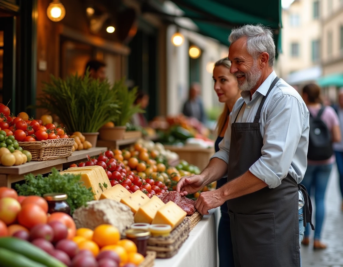 Étal de marché gourmand en plein air avec fromages affinés, charcuteries et produits artisanaux présentés par un commerçant souriant sur les pavés d'une rue de ville