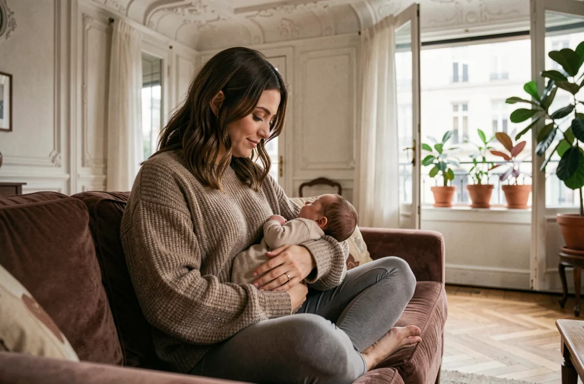 Mère allaitant son nouveau-né dans un appartement haussmannien parisien