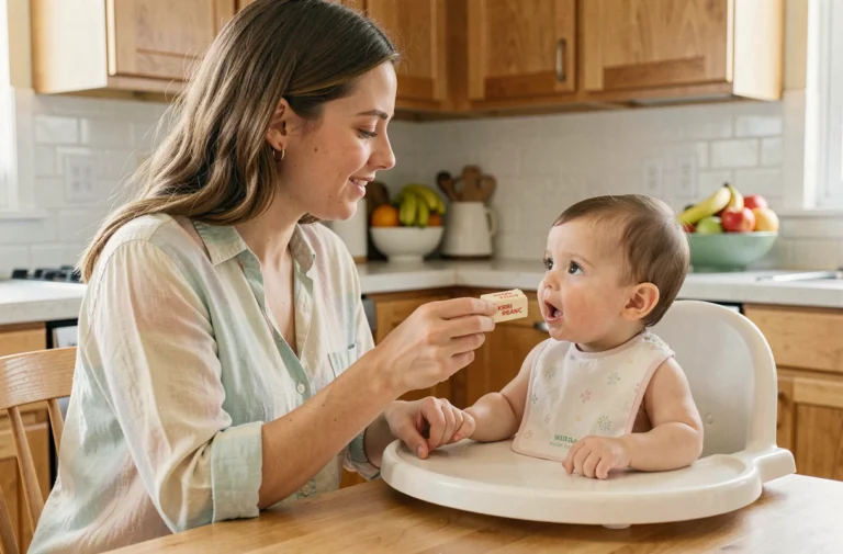 Mère donnant un morceau de fromage Kiri à son bébé assis dans une chaise haute en cuisine