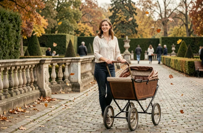 Jeune mère parisienne promenant son bébé dans le Jardin du Luxembourg en automne