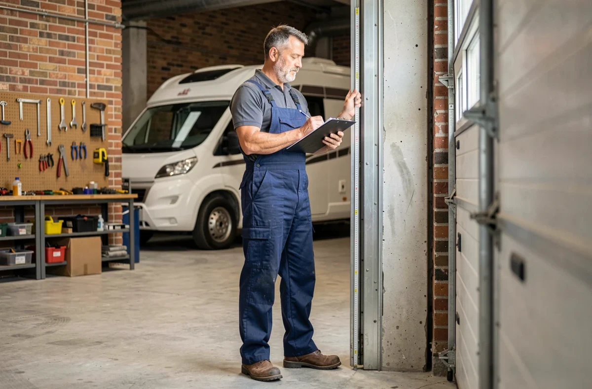 Technicien mesurant la hauteur d'ouverture d'une porte de garage adaptée au passage d'un camping-car