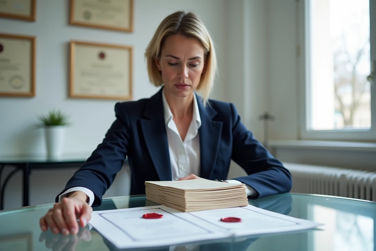 Notaire examinant des contrats officiels avec sceaux de cire dans un bureau contemporain parisien, illustrant les spécificités juridiques de la coutume