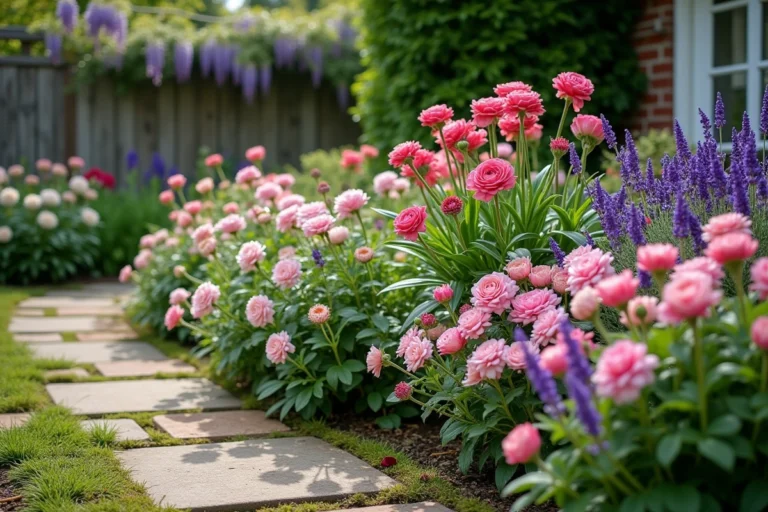 Parterre de fleurs colorées avec lavande, roses et dahlias dans un jardin de style cottage anglais
