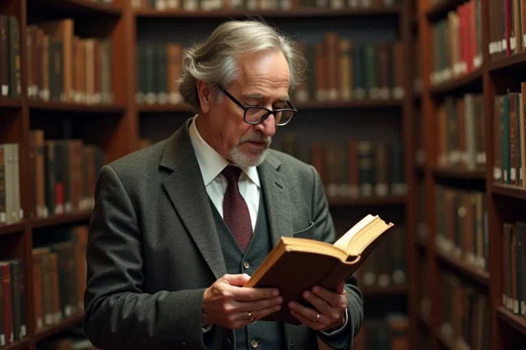 Professeur de linguistique consultant un dictionnaire français ancien dans une bibliothèque universitaire