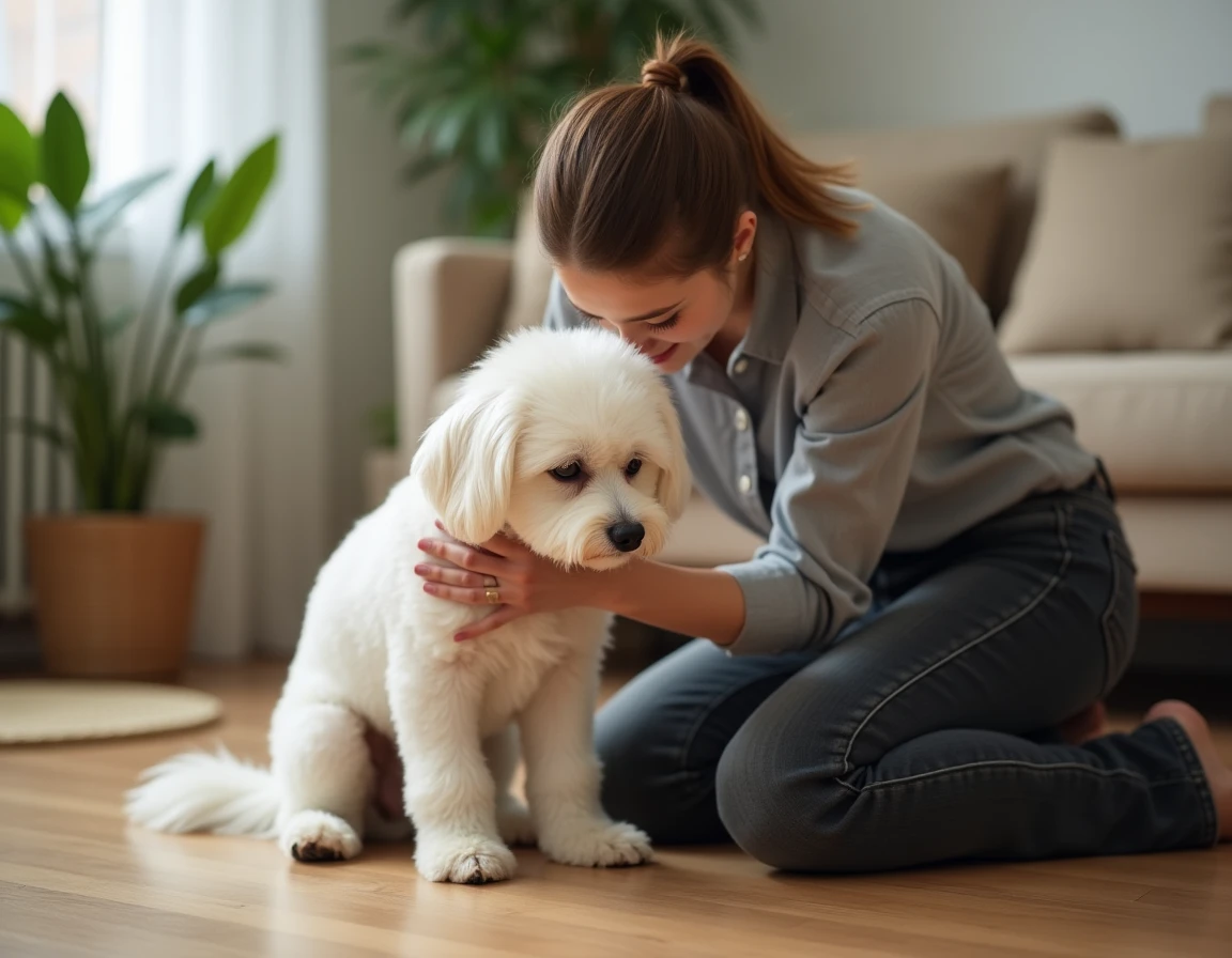 Femme réconfortant son petit chien bichon frisé à l'air mélancolique après le toilettage à la maison