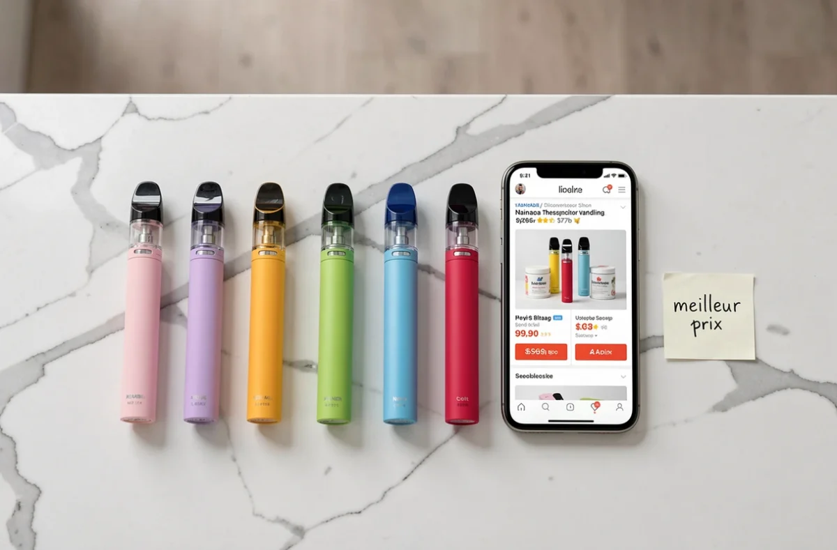 Flat lay de plusieurs puffs colorées et d'un smartphone affichant des offres promotionnelles pour acheter des puffs à petit prix