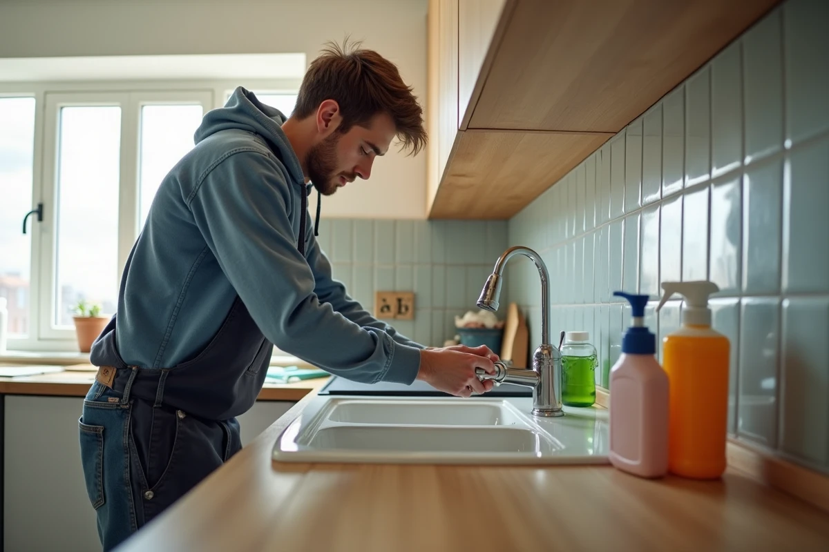 Jeune homme réparant un robinet dans une cuisine moderne