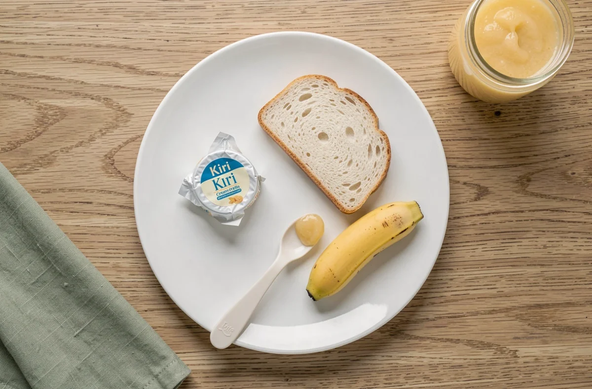Plateau repas pour bébé avec Kiri, pain, banane et purée de fruits sur table en bois