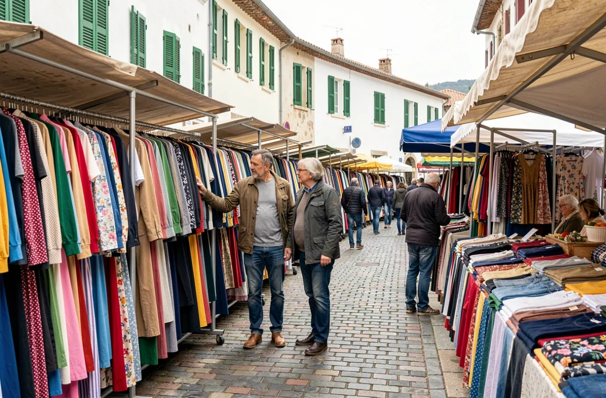 Couple faisant du shopping dans un marché de vêtements en plein air à Dancharia, village frontalier franco-espagnol