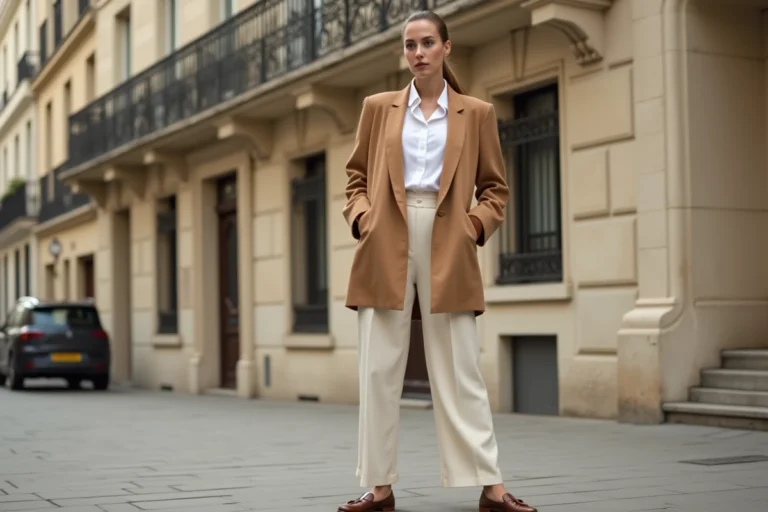 Femme parisienne en blazer camel oversized et pantalon large ecru, look mode tendance 2024 dans une rue haussmannienne