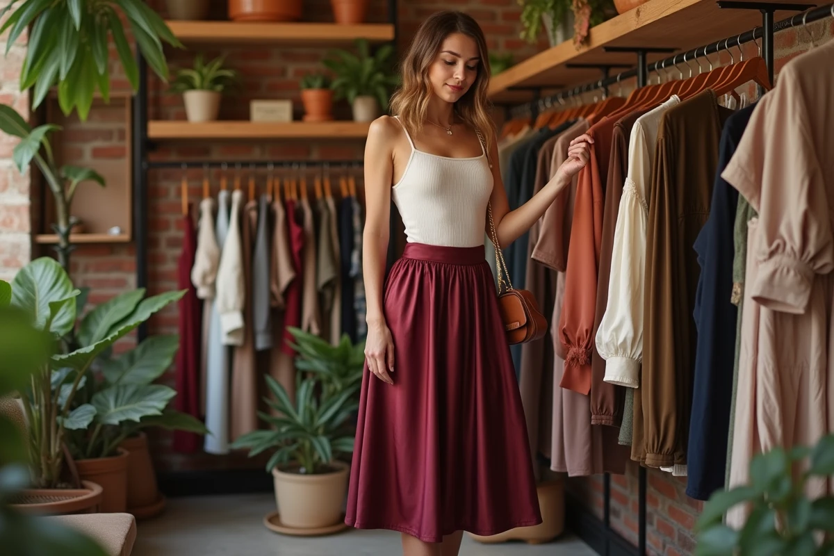 Jeune femme en jupe satin bordeaux et top ivoire dans une boutique concept store parisienne, tendances mode automne-hiver 2024
