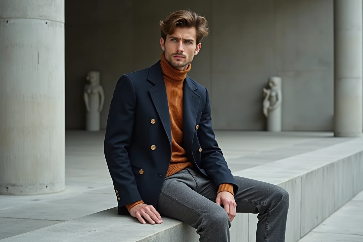 Homme en manteau marine double boutonnage et col roulé caramel, style mode masculin tendance 2024 dans un musée contemporain