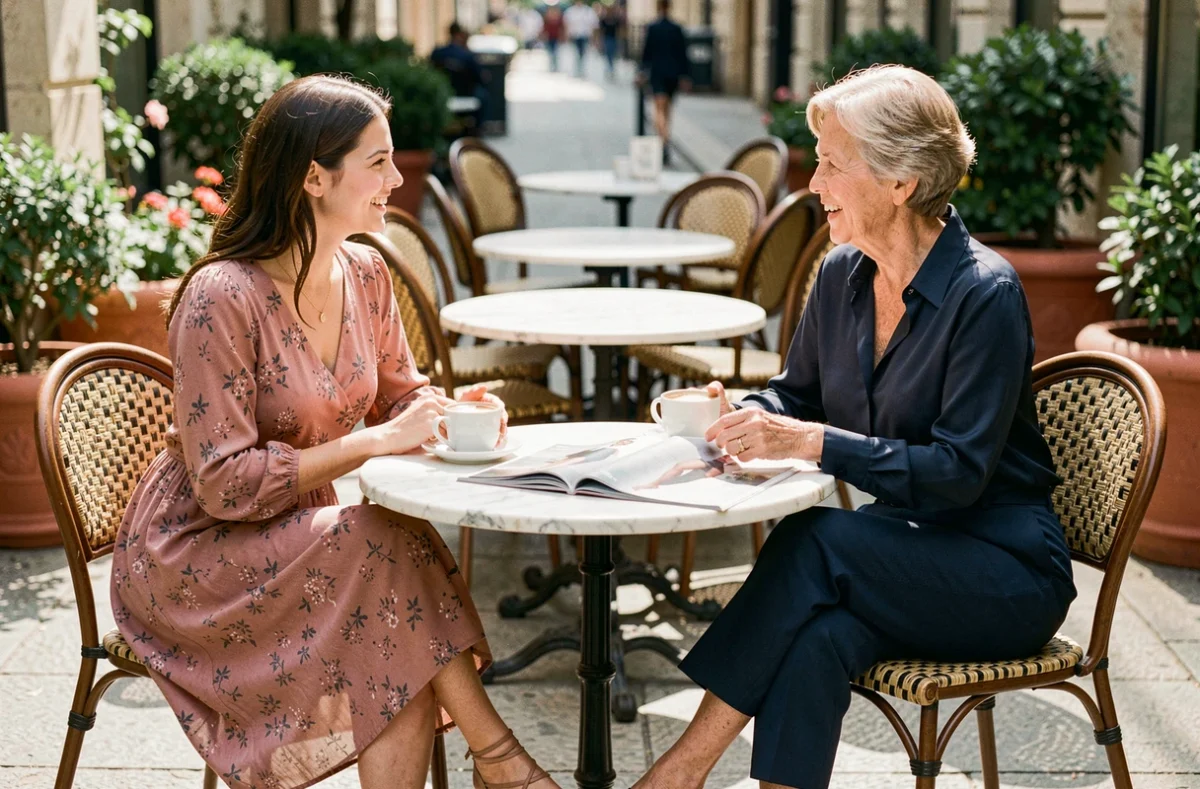 Deux femmes aux styles complémentaires discutant mode autour d'un café en terrasse parisienne