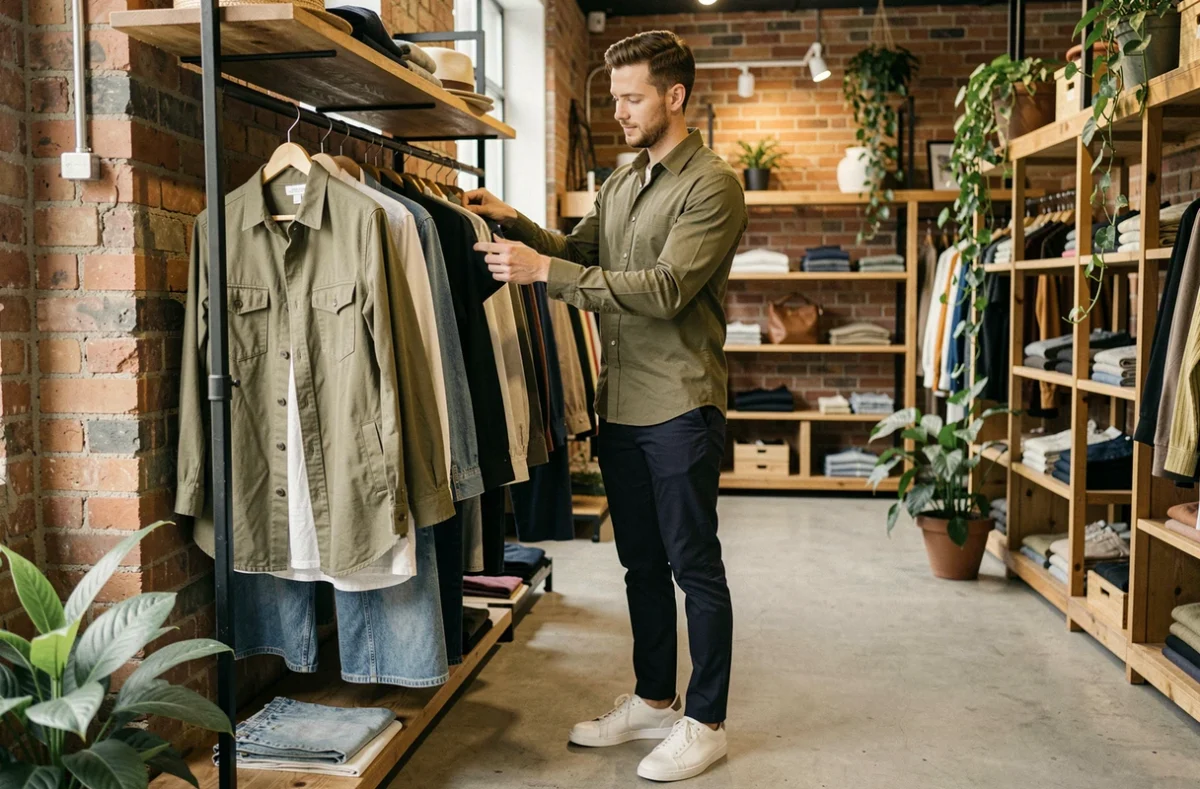 Homme stylé en overshirt kaki explorant des vêtements vintage dans un concept store tendance