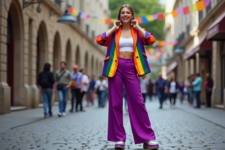 Femme jeune portant un blazer arc-en-ciel et un pantalon violet lors de la Pride de Clermont-Ferrand, avec l'architecture en pierre volcanique en arrière-plan