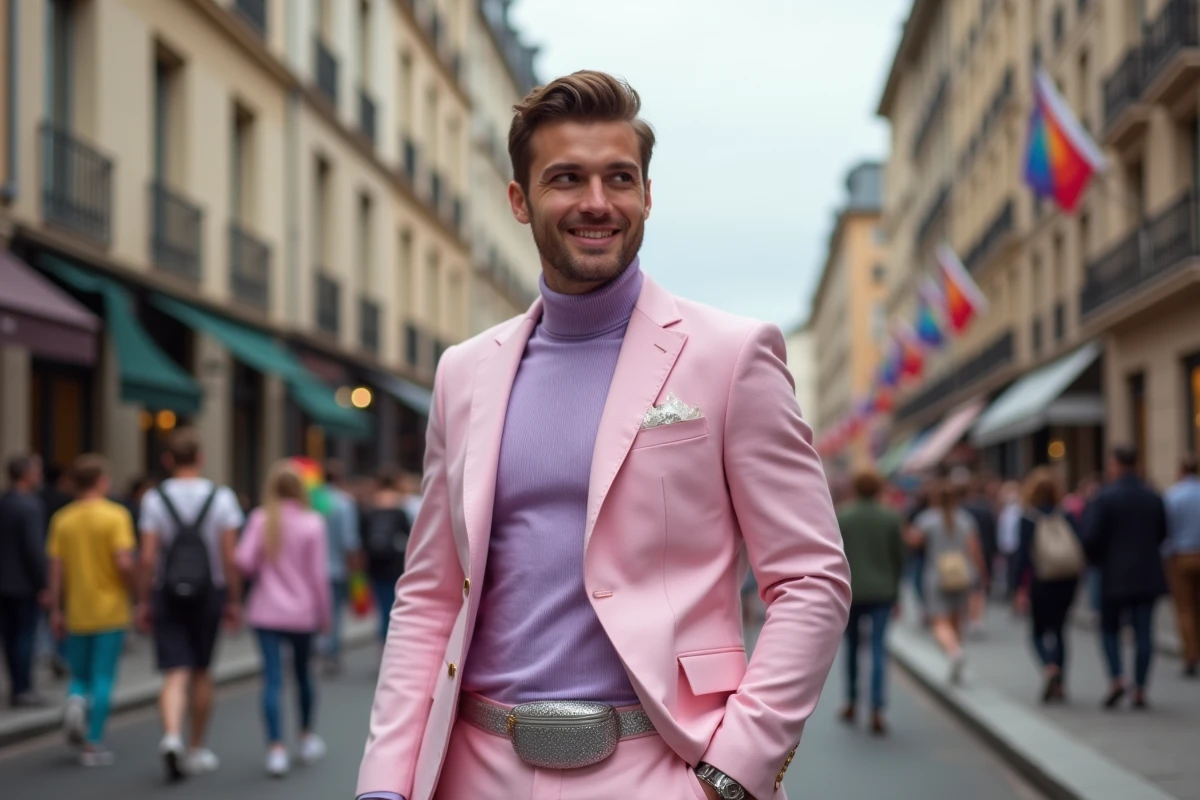Homme en costume rose pastel et col roulé lavande souriant lors du défilé Pride à Clermont-Ferrand, drapeaux arc-en-ciel visibles en arrière-plan