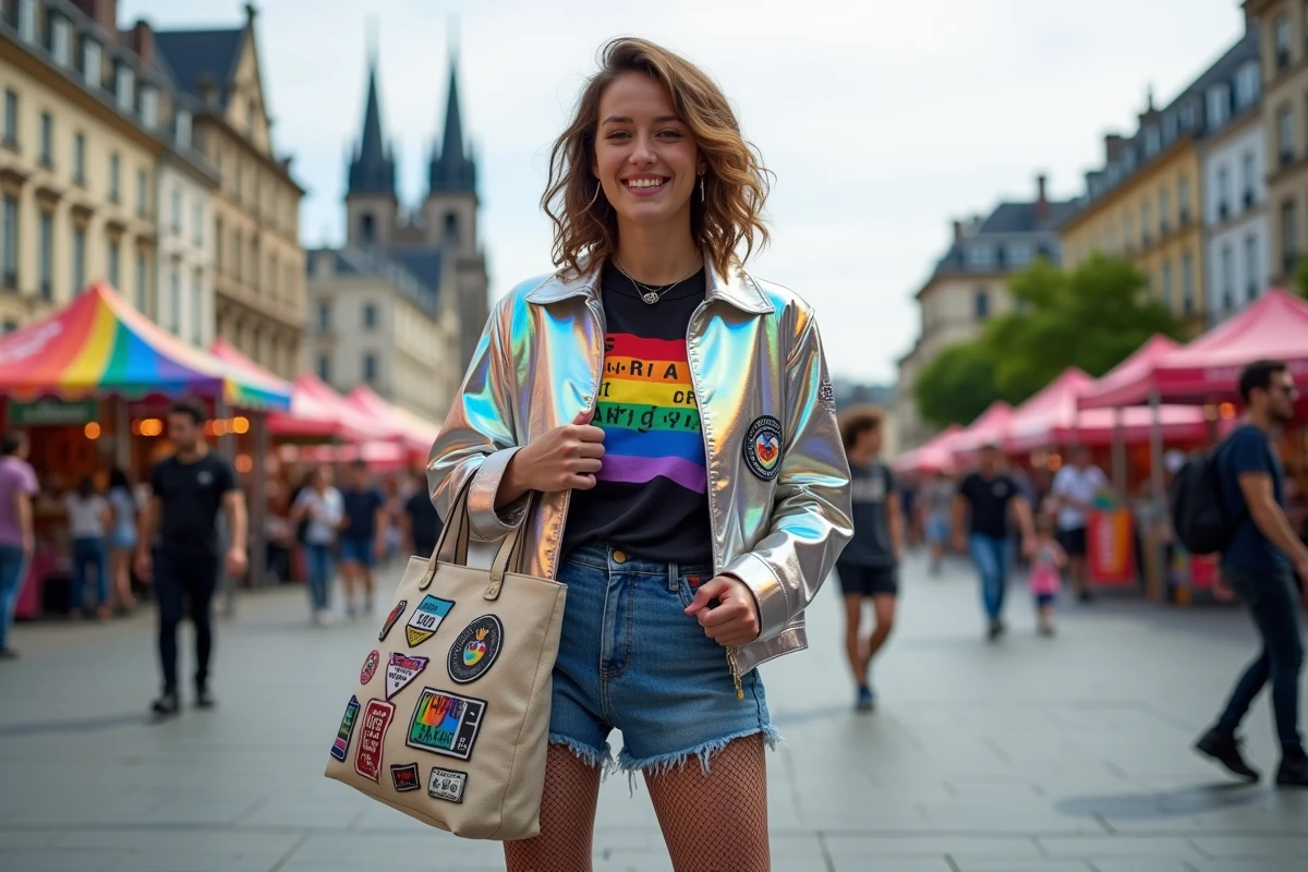 Personne non-binaire portant une veste holographique et des shorts en jean avec des patches pride lors d'un événement Pride sur une place pavée de Clermont-Ferrand