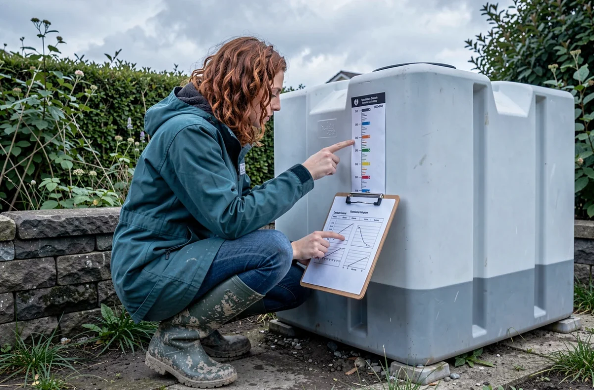 Femme mesurant la capacité en litres d'une cuve cubique extérieure à l'aide d'un tableau de conversion de volumes