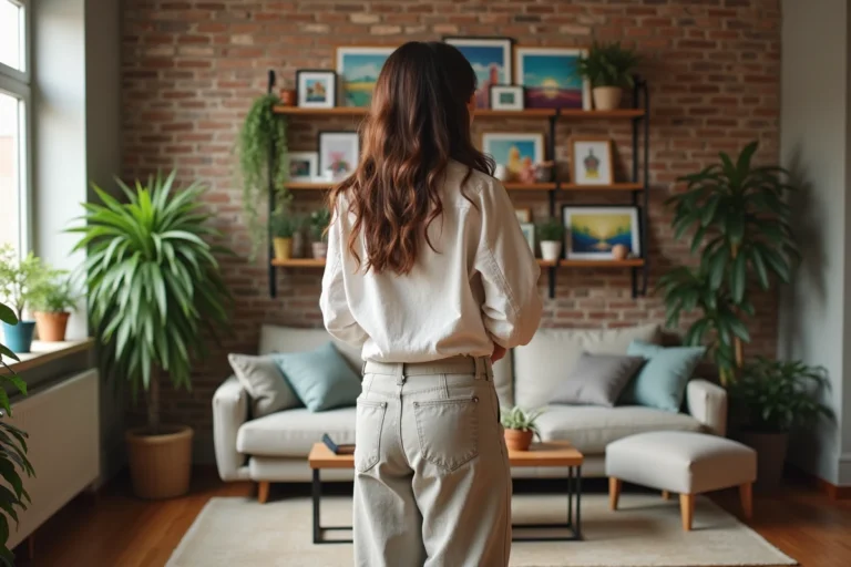 Femme moderne arrangeant étagères dans un salon lumineux